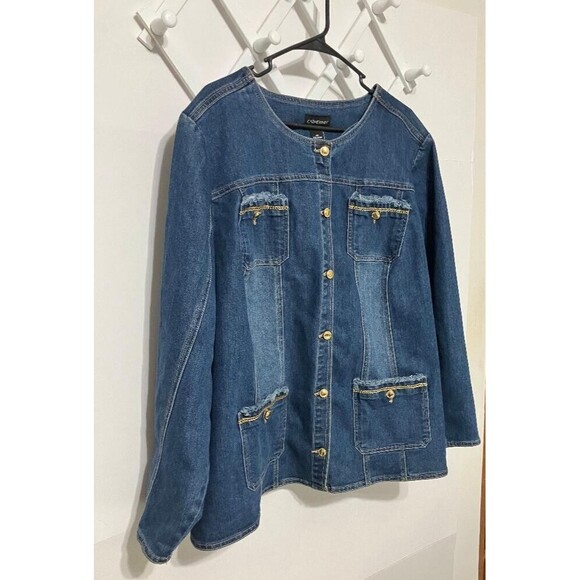 Catherines Womens Plus Size 2X Denim Jean Jacket Gold Tone Buttons Fringe Accent - Picture 2 of 9